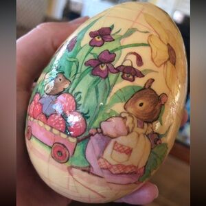 Vintage Easter egg decoupage berry patch strawberries fence